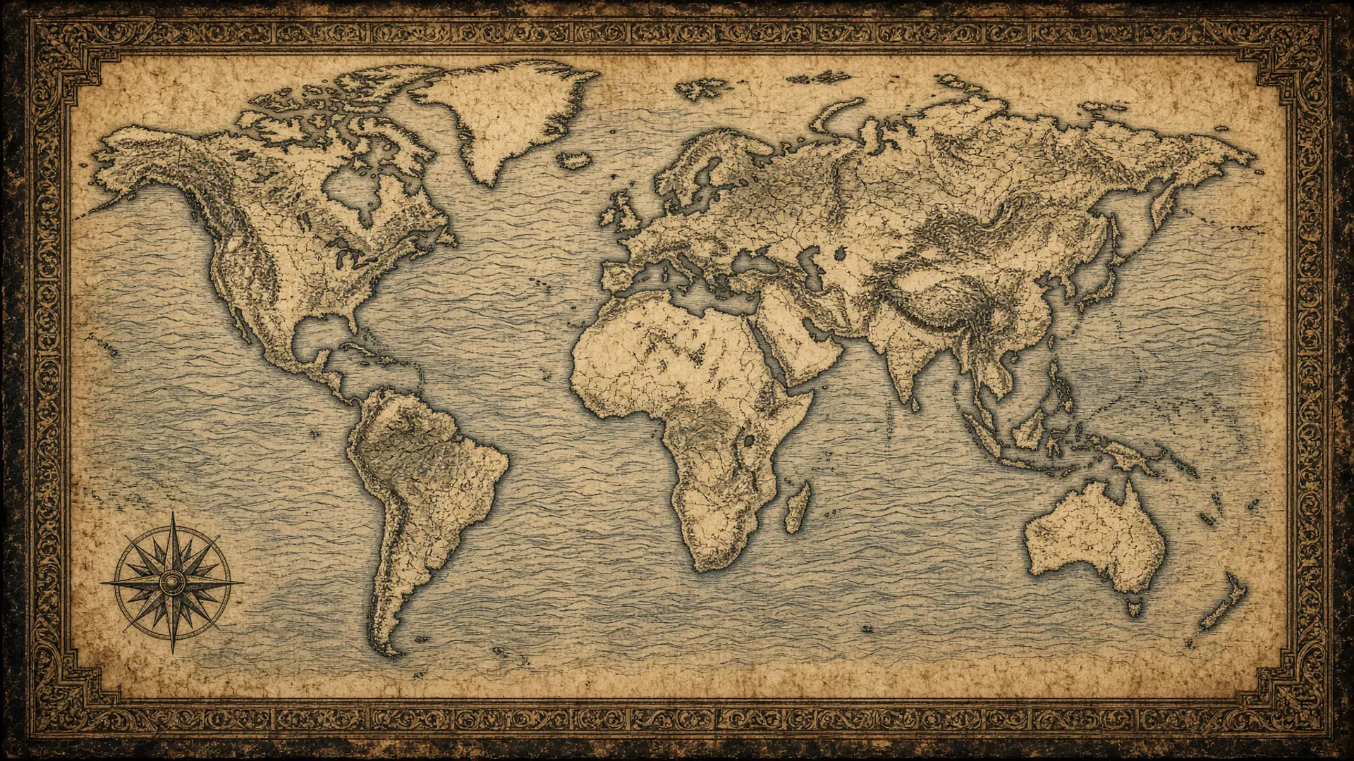 Illustrated atlas plate of the world in graphic-novel ink