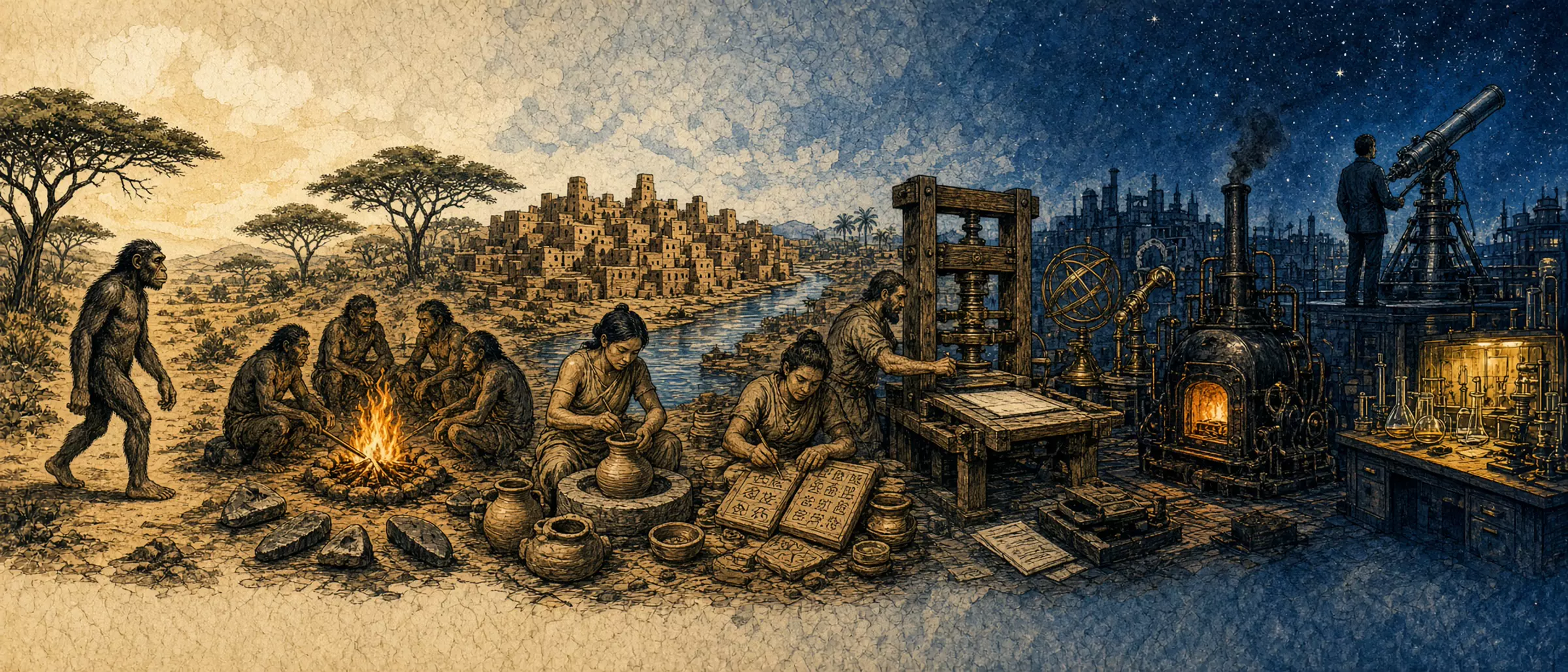A graphic-novel mural from woodland hominins to a telescope and laboratory bench